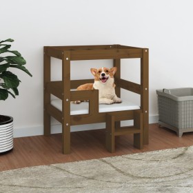 Cama para perros madera maciza pino marrón miel 55,5x53,5x60
