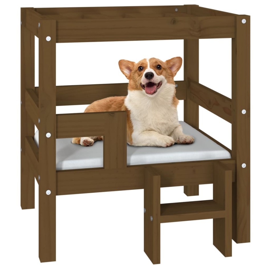 Cama para perros madera maciza pino marrón miel 55,5x53,5x60