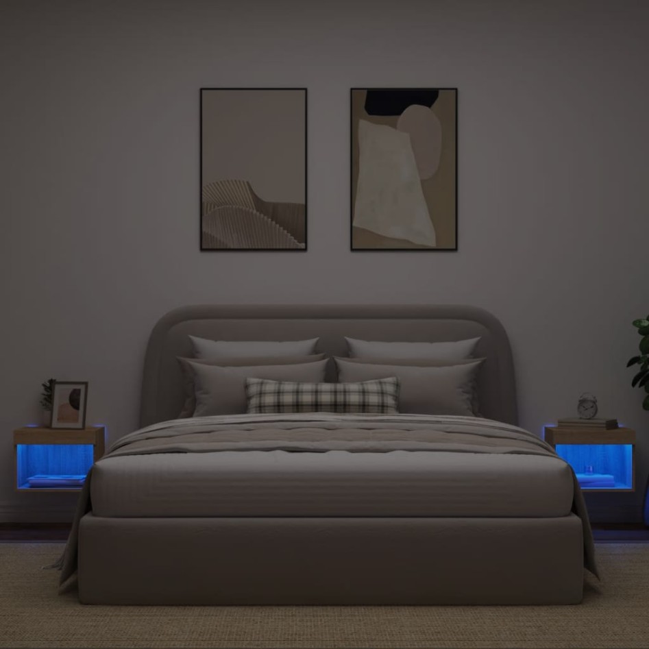Mesitas de noche de pared con luces LED 2 unidades roble