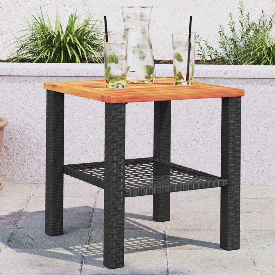 Mesa de jardín ratán sintético madera acacia negro 40x40x42
