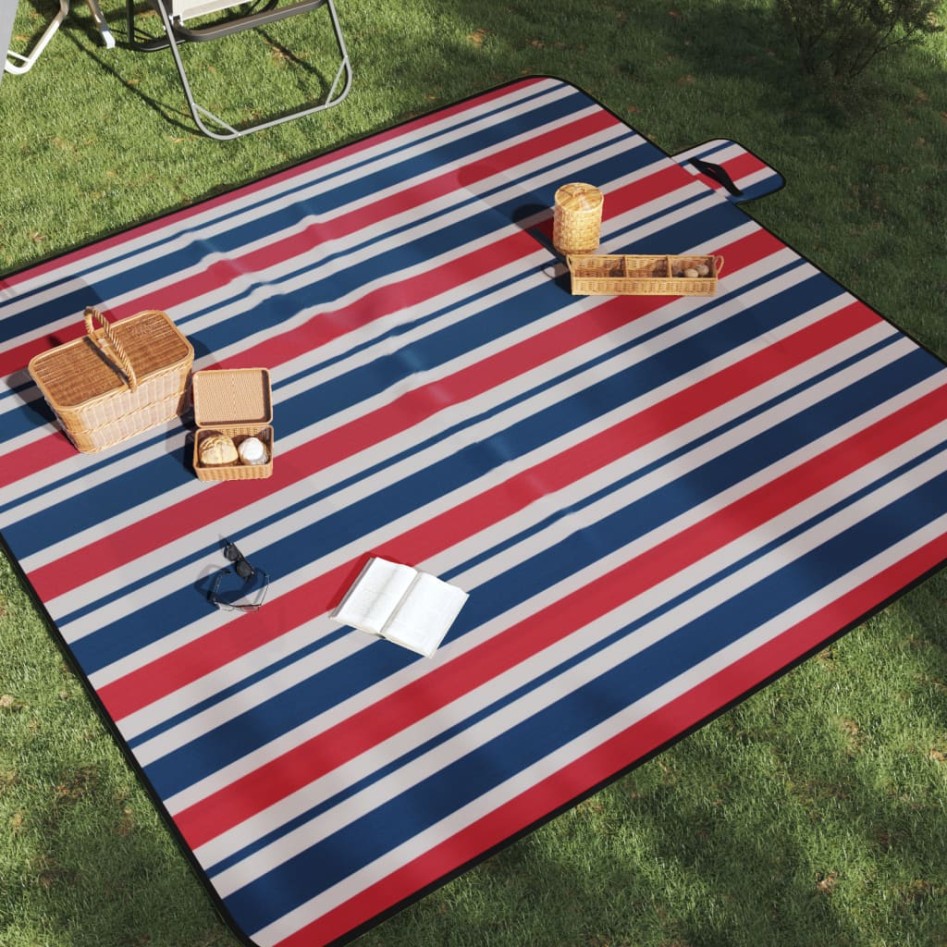 Manta de picnic plegable terciopelo rayas rojo azul 200x200