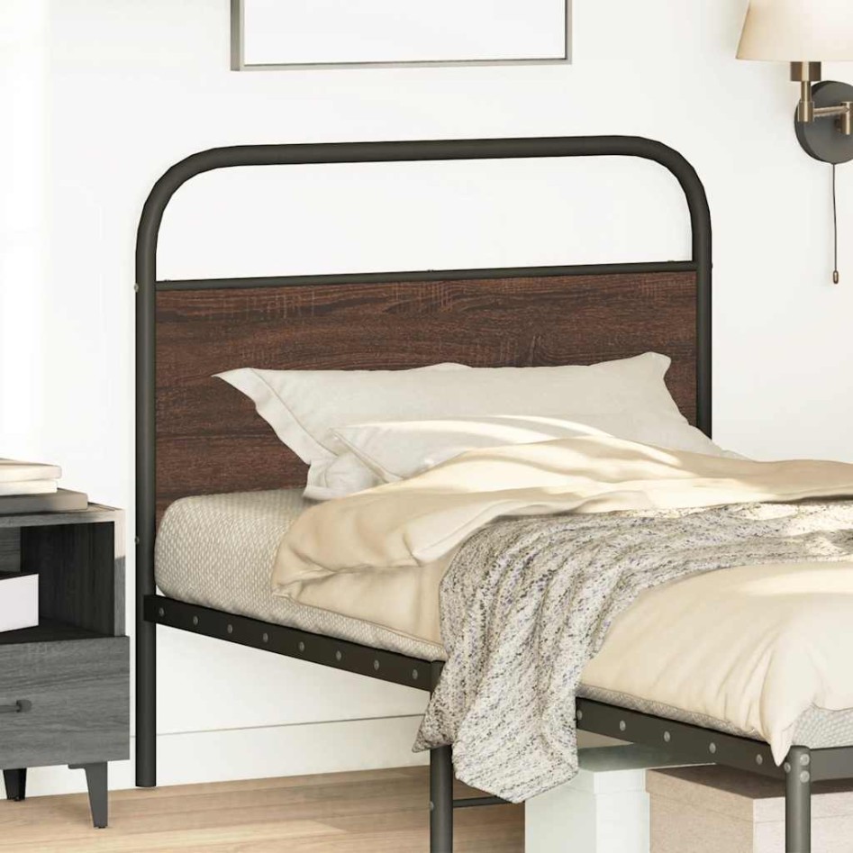 Cabecero de acero y madera de ingeniería marrón roble 90