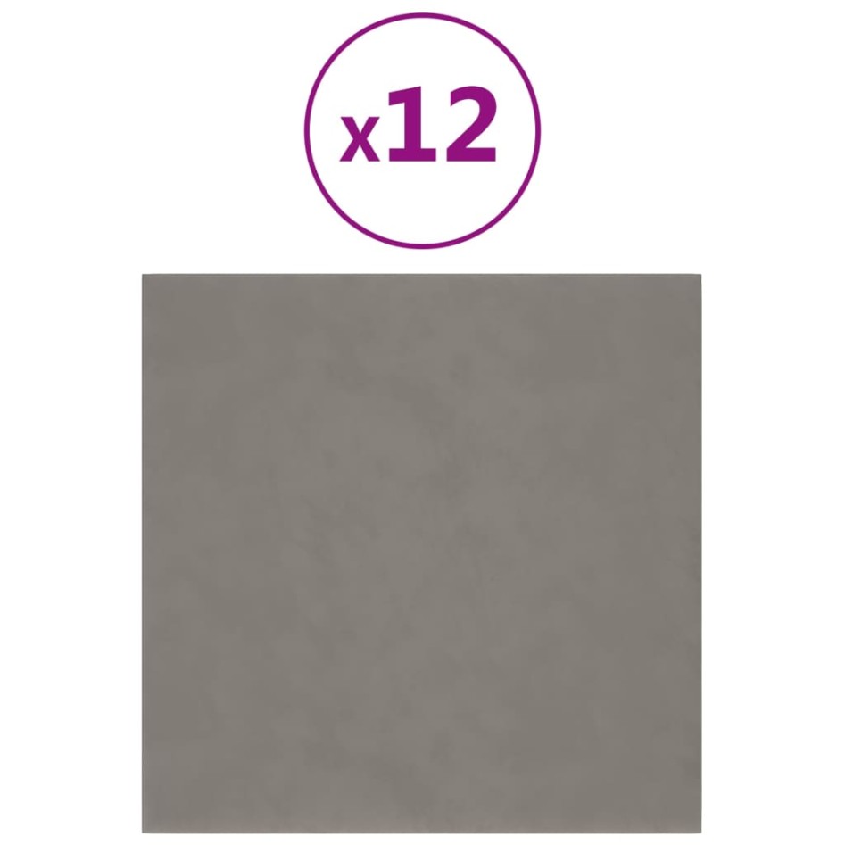 Paneles de pared 12 uds terciopelo gris claro 30x30 cm 1,08
