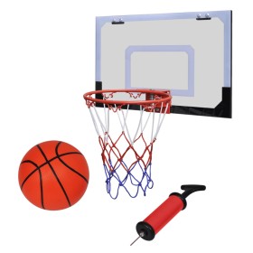 Aro de baloncesto con red y tablero, pelota y pompa,