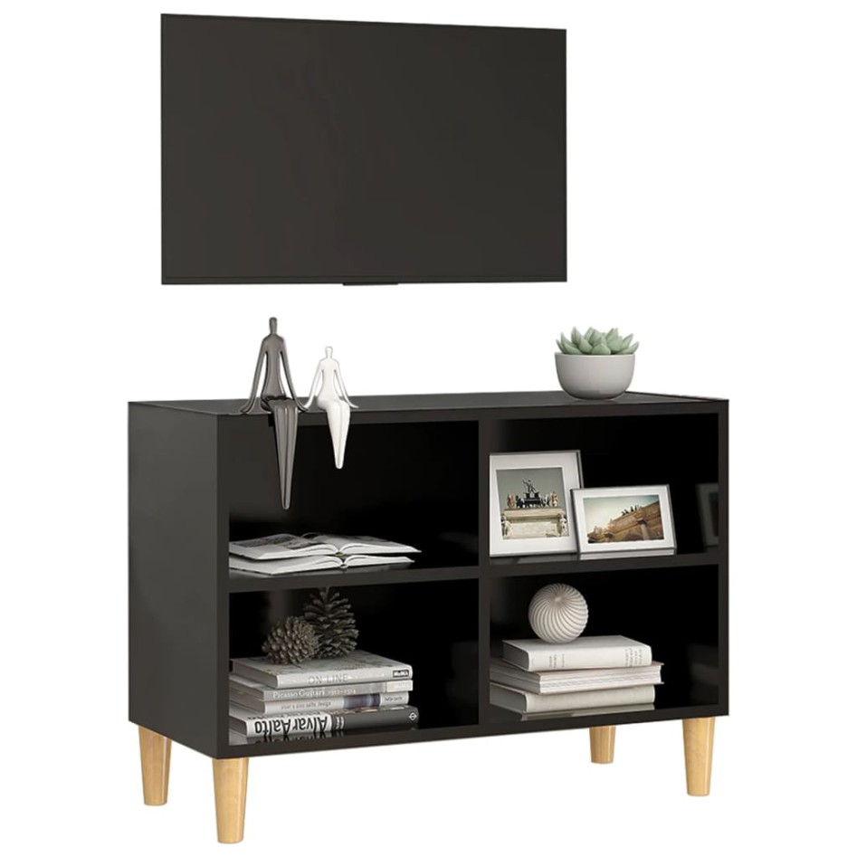 Mueble de TV con patas de madera maciza negro 69,5x30x50