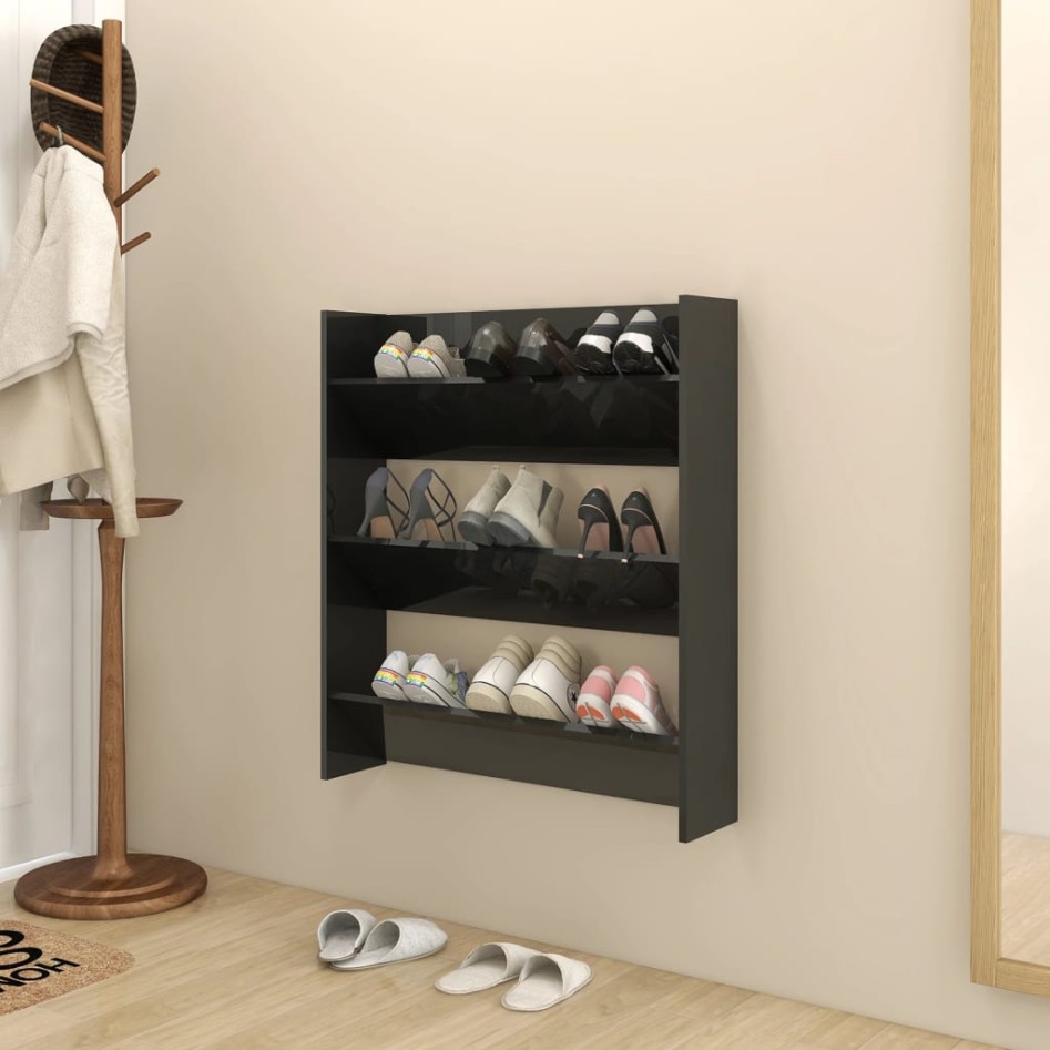 Zapatero de pared madera contrachapada negro brillo 80x18x90