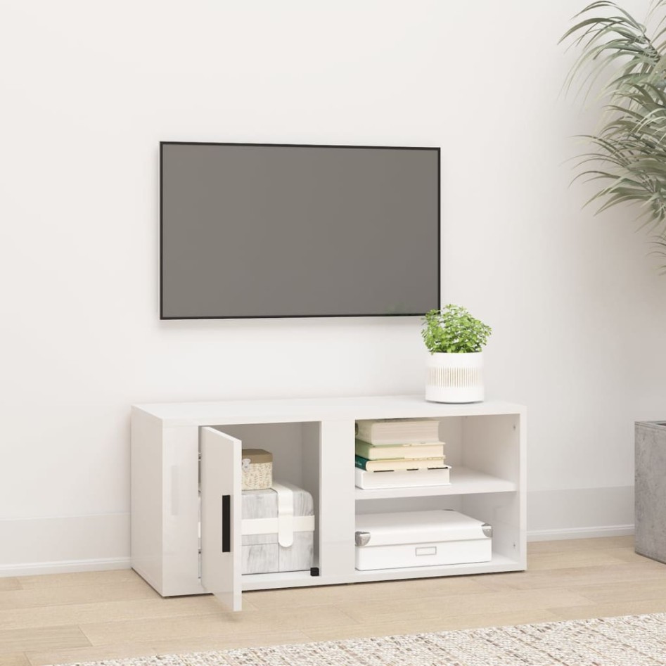 Mueble de TV madera contrachapada blanco brillo 80x31,5x36