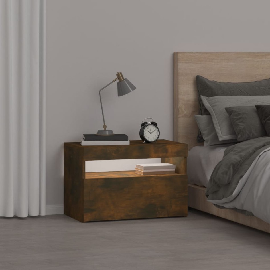 Mesita de noche con luces LED color roble ahumado 60x35x40