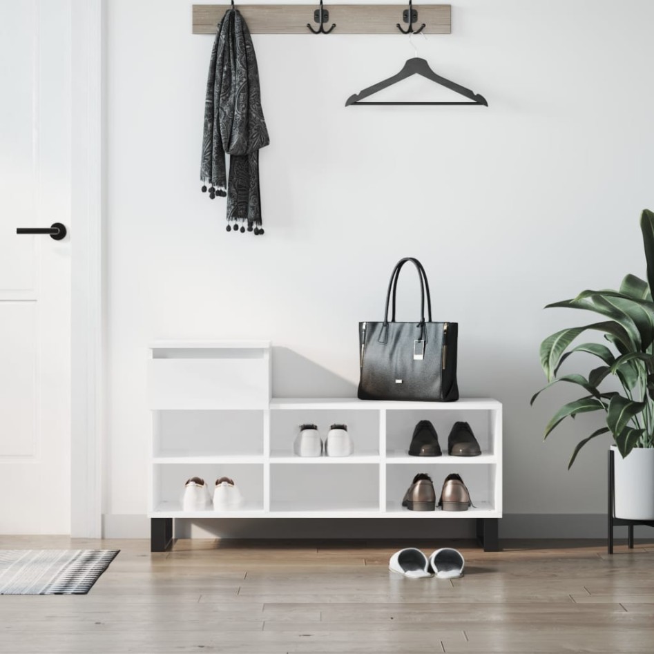 Mueble zapatero madera contrachapada blanco brillo 102x36x60