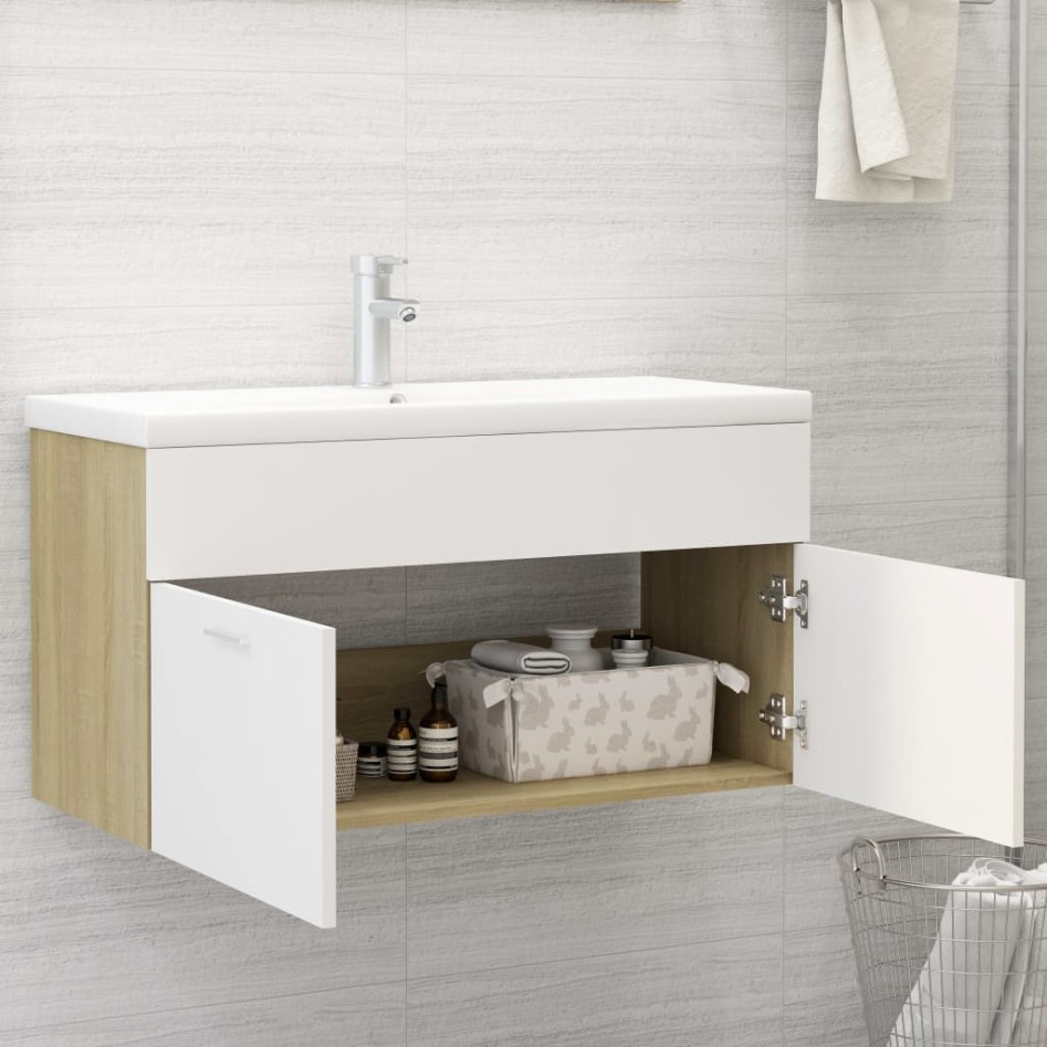 Armario para lavabo contrachapada blanco roble 90x38,5x46