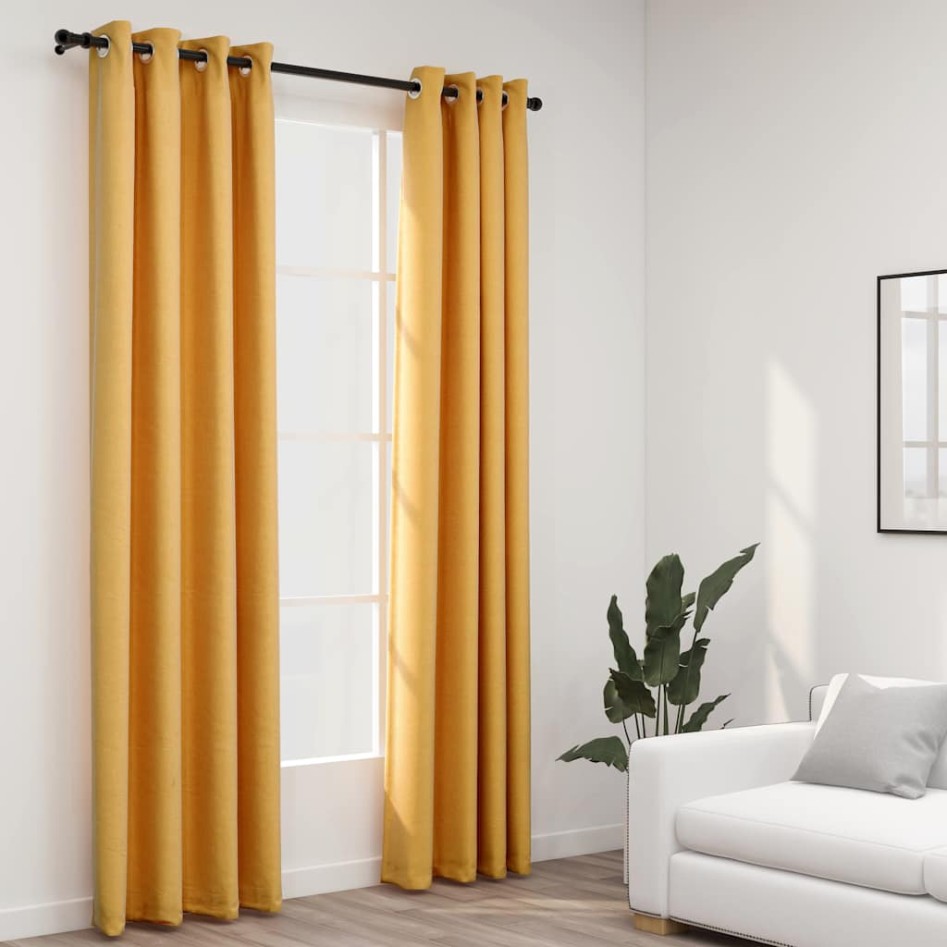 Cortinas opacas con ojales look lino 2 pzas amarillo 140x225