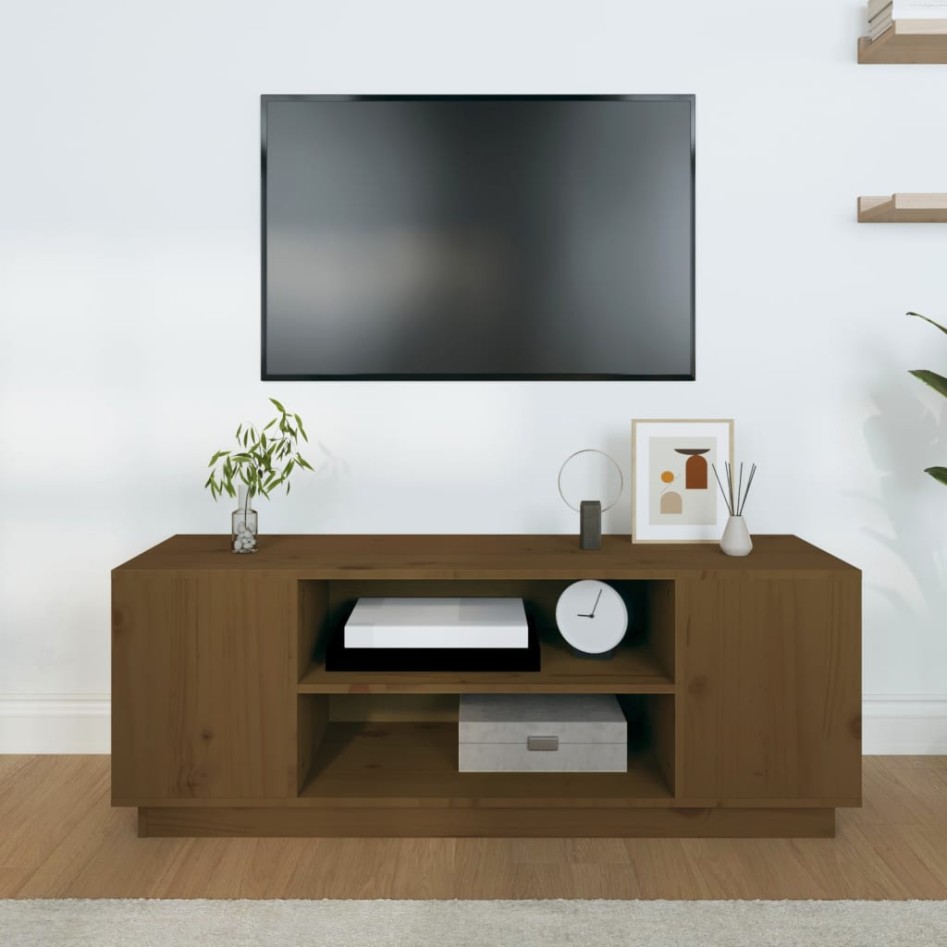 Mueble de TV madera maciza de pino marrón miel 110x35x40,5