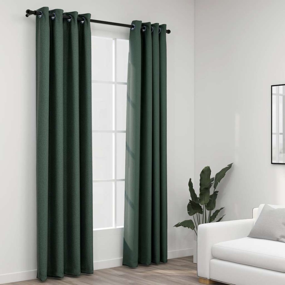Cortinas opacas con ojales look de lino 2 pzas verde 140x225