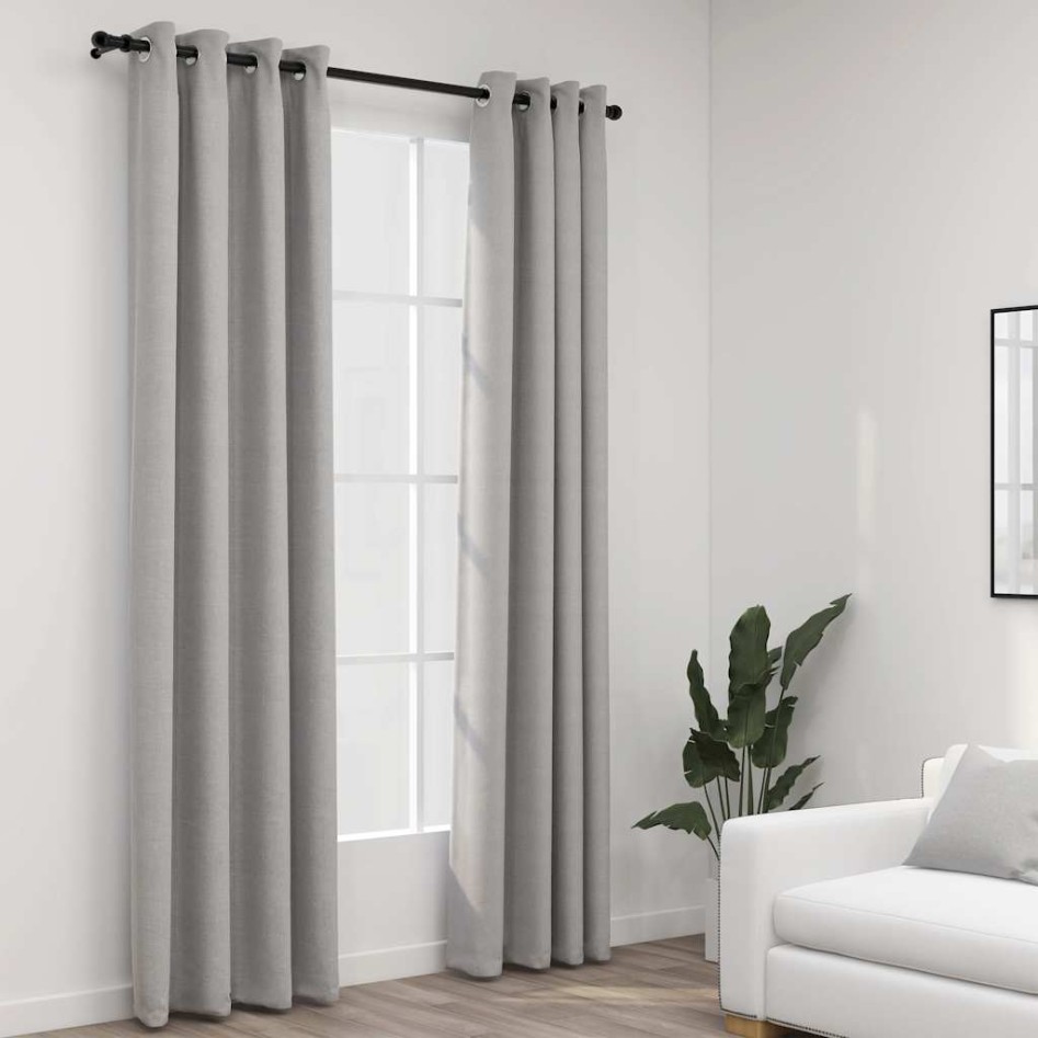 Cortinas opacas con ojales look de lino 2 pzas gris 140x245