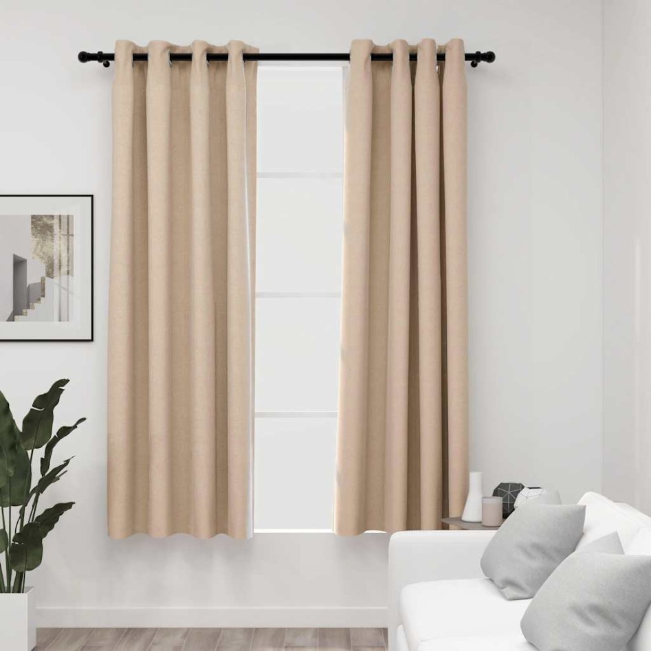 Cortinas opacas con ojales look de lino 2 pzas beige 140x175