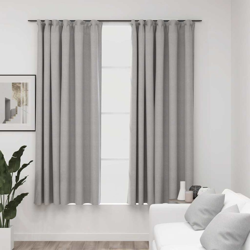 Cortinas opacas con ganchos look de lino 2 pzas gris 140x175