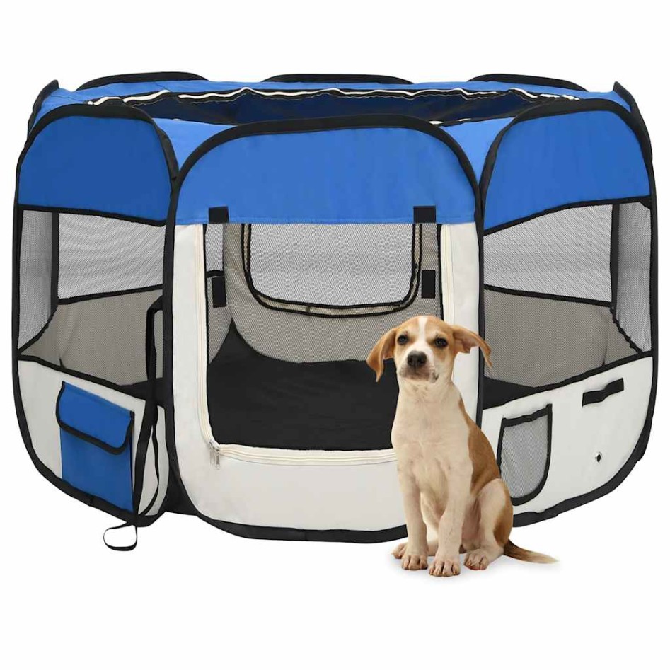 Parque de perros plegable y bolsa de transporte azul