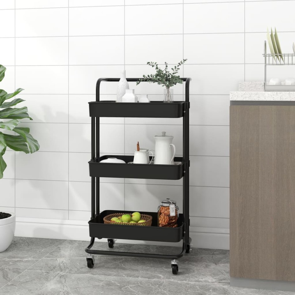 Carrito de cocina 3 niveles hierro y ABS negro 42x35x85