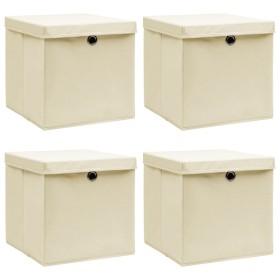 Cajas de almacenaje con tapas 4 uds tela crema 32x32x32