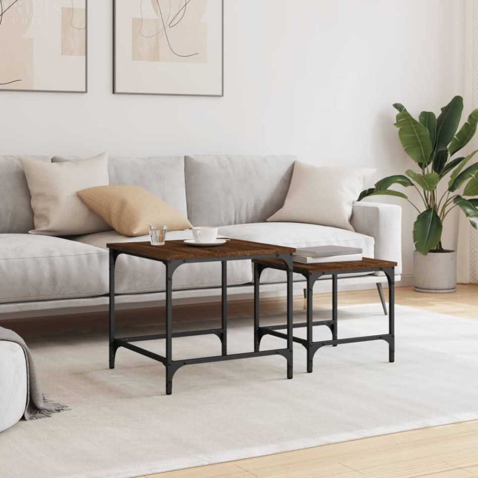 Mesas de centro apilables 2 pzas madera ingeniería roble