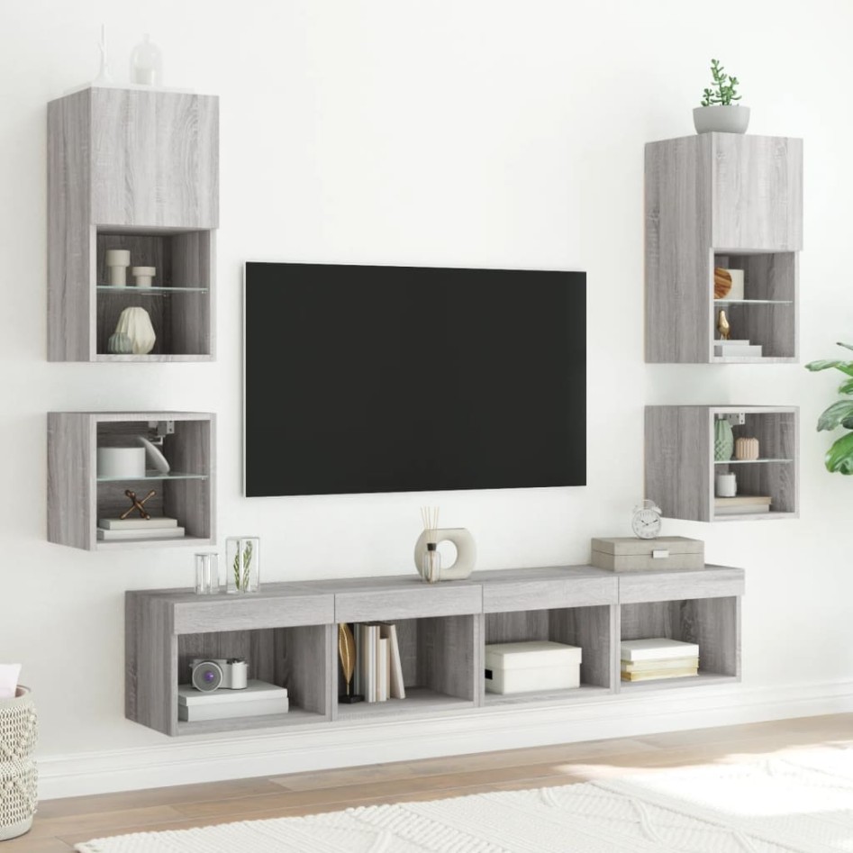 Muebles TV de pared luces LED 2 uds gris Sonoma 30x28,5x30