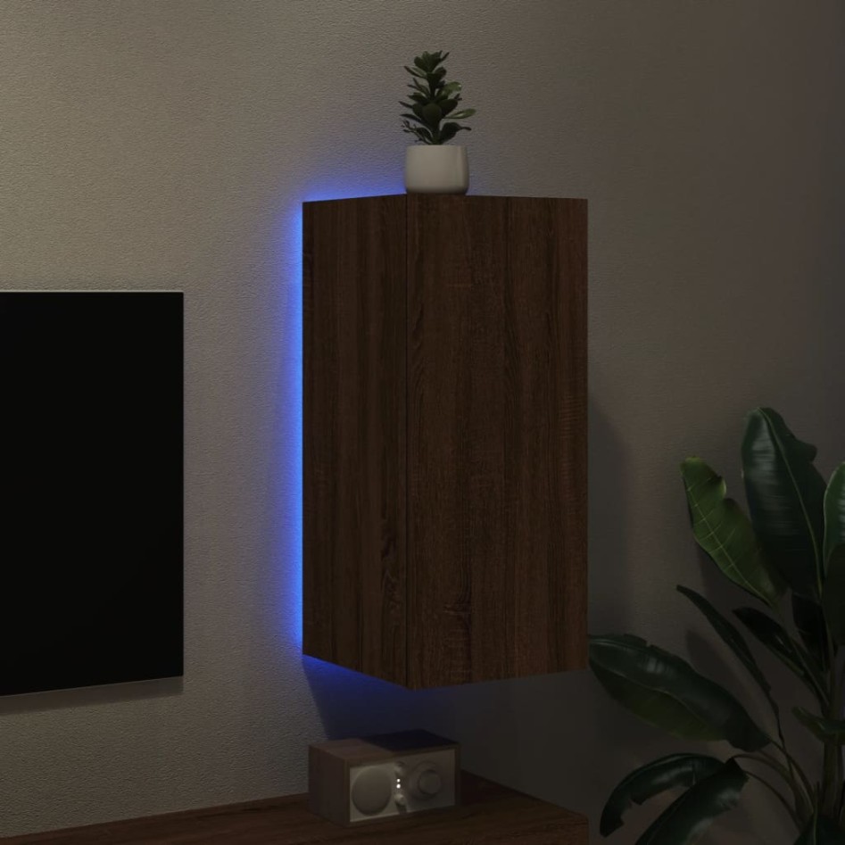 Mueble de TV de pared con luces LED roble marrón 30,5x35x70
