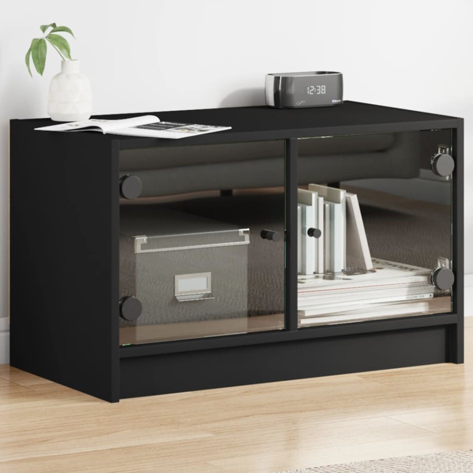 Mueble de TV con puertas de vidrio negro 68x37x42