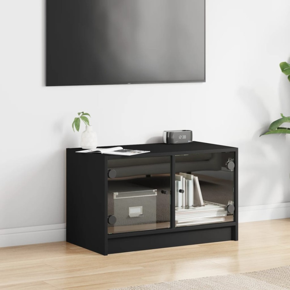 Mueble de TV con puertas de vidrio negro 68x37x42