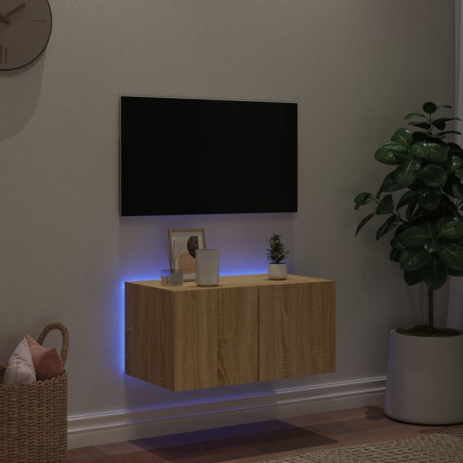 Mueble de TV de pared con luces LED roble Sonoma 60x35x31