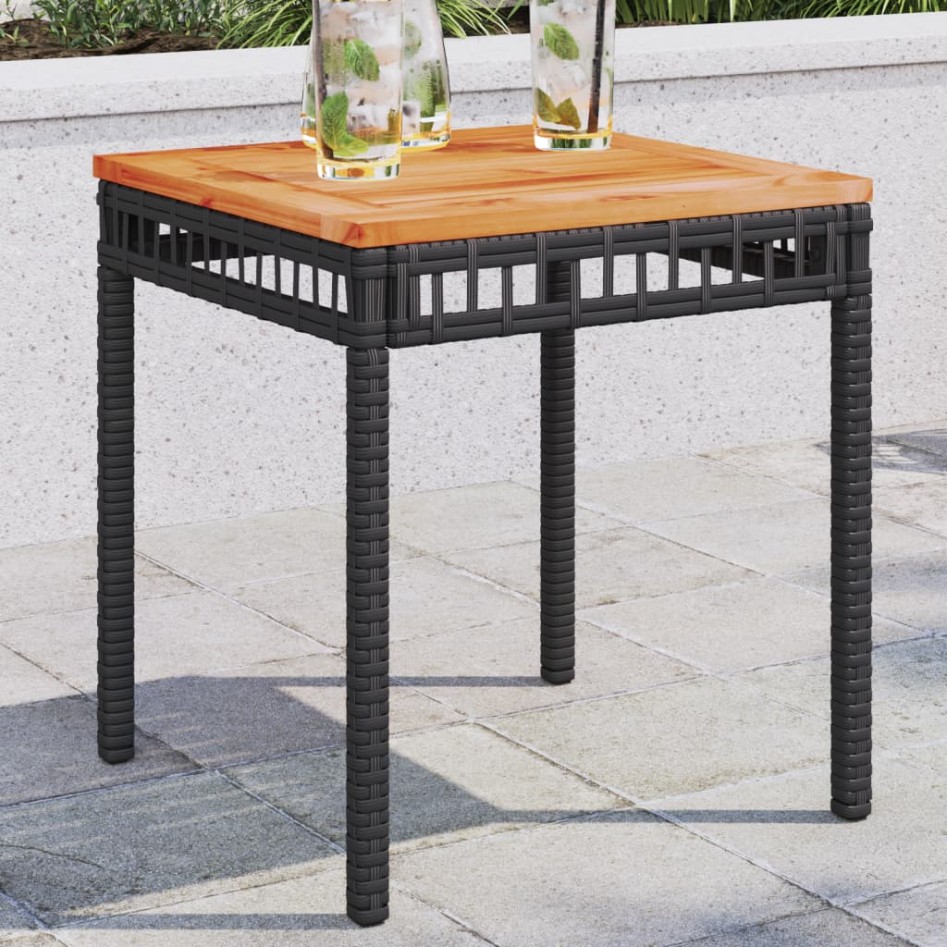 Mesa de jardín ratán sintético madera acacia negro 38x38x42