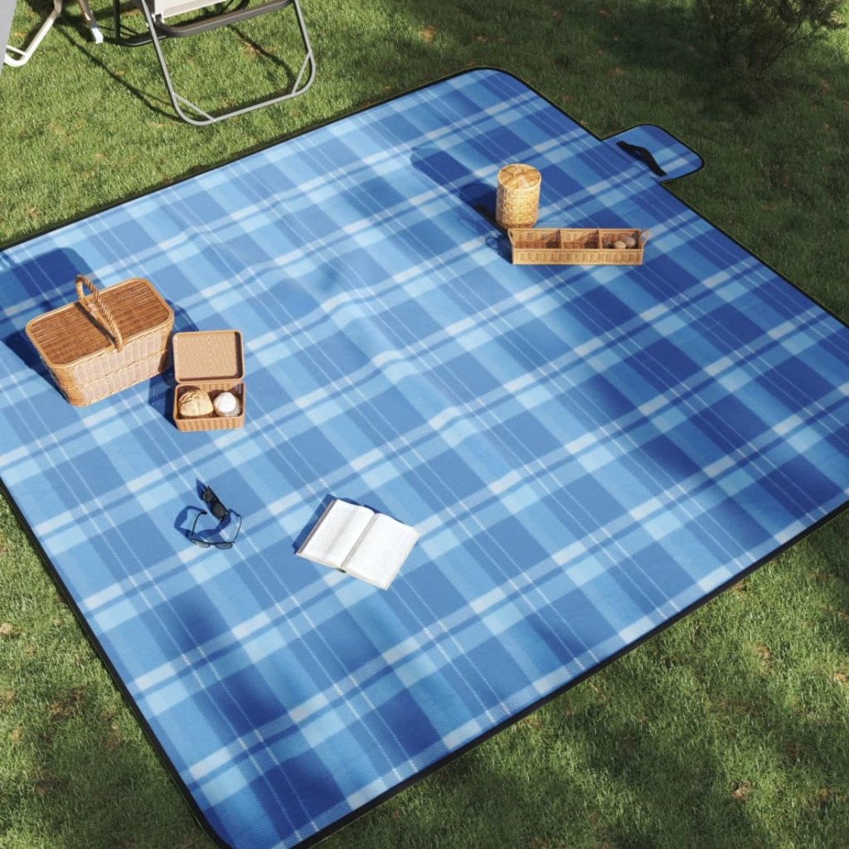 Manta de picnic plegable terciopelo a cuadros azul 200x200