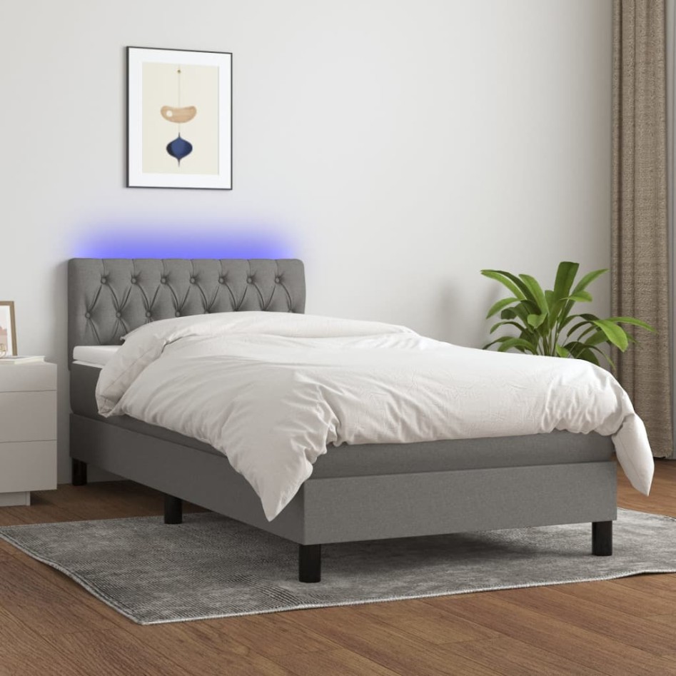 Cama box spring colchón y luces LED tela gris oscuro 90x190