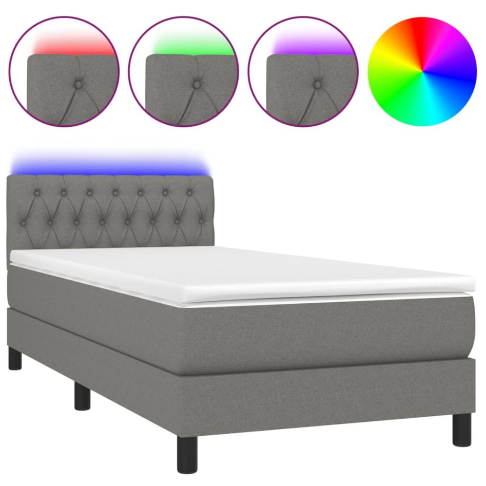 Cama box spring colchón y luces LED tela gris oscuro 90x200