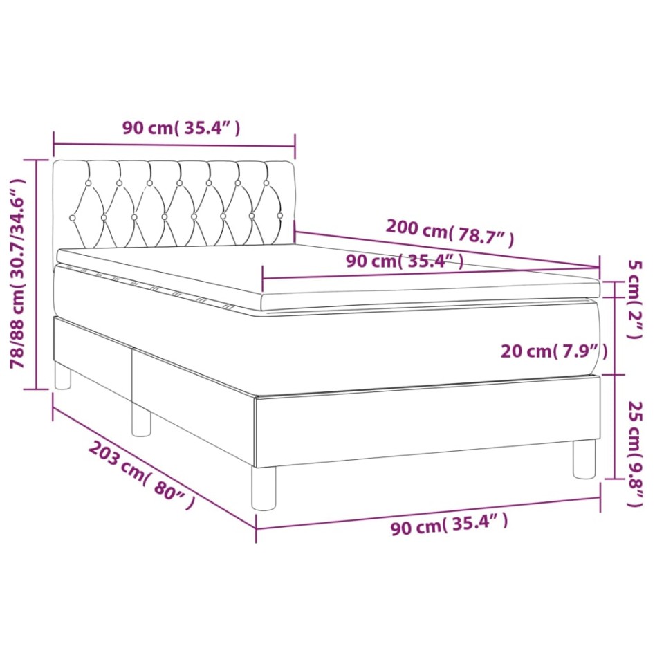 Cama box spring colchón y luces LED tela gris oscuro 90x200
