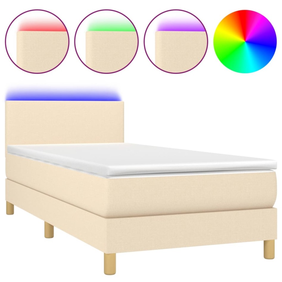 Cama box spring colchón y luces LED tela crema 100x200