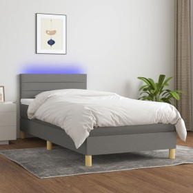 Cama box spring con colchón y LED tela gris oscuro 90x190