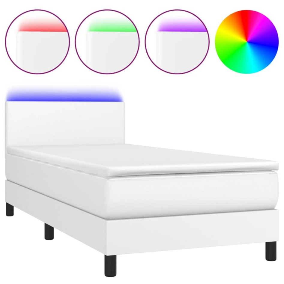 Cama box spring y colchón LED cuero sintético blanco 80x200
