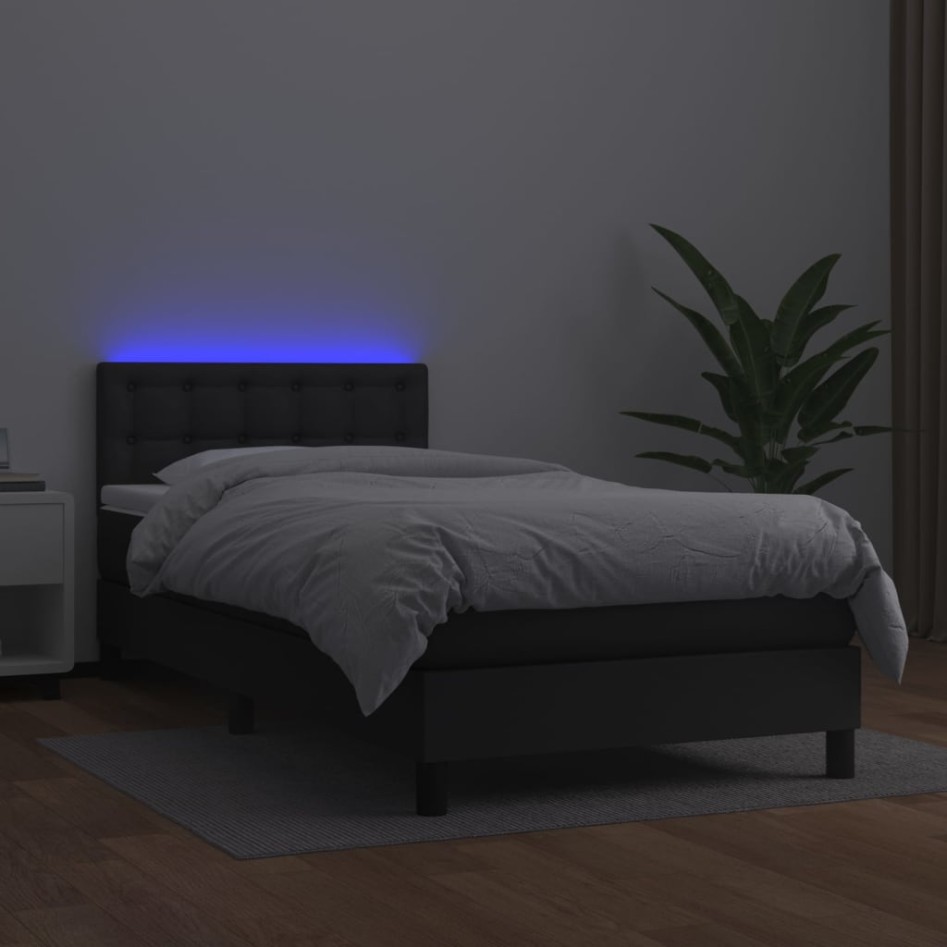 Cama box spring y colchón LED cuero sintético negro 80x200