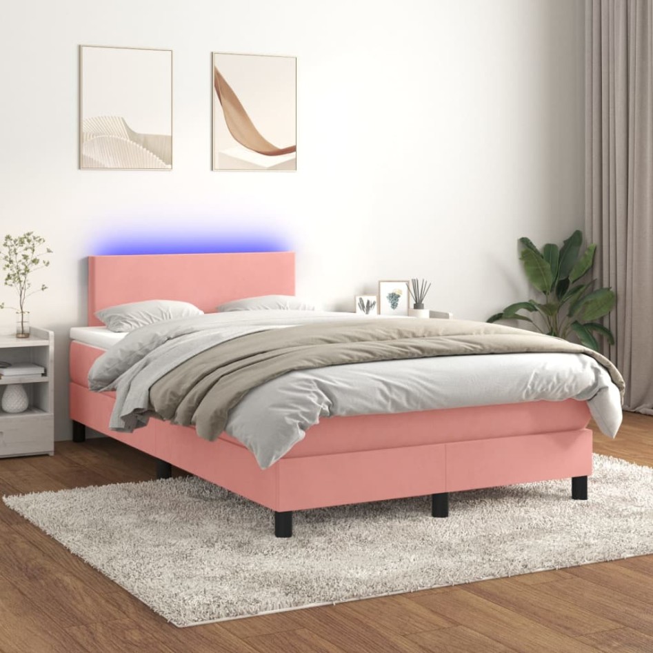 Cama box spring colchón y LED terciopelo rosa 120x200