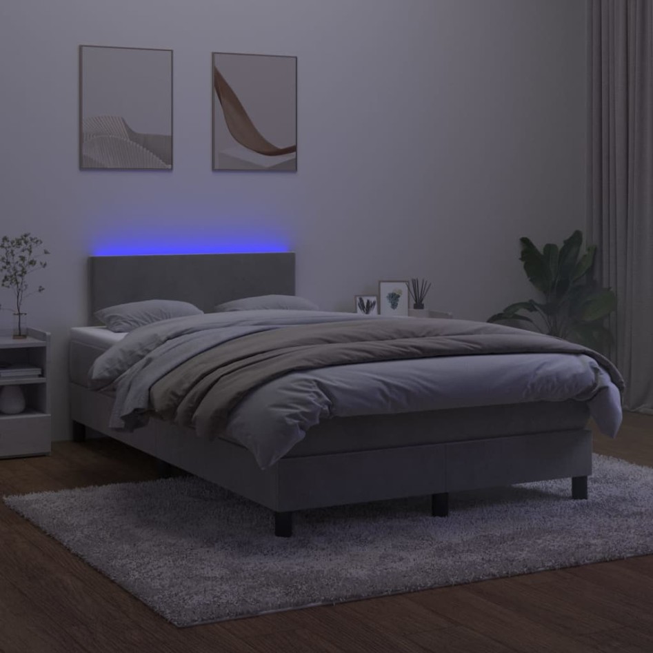 Cama box spring colchón y LED terciopelo gris claro 120x200