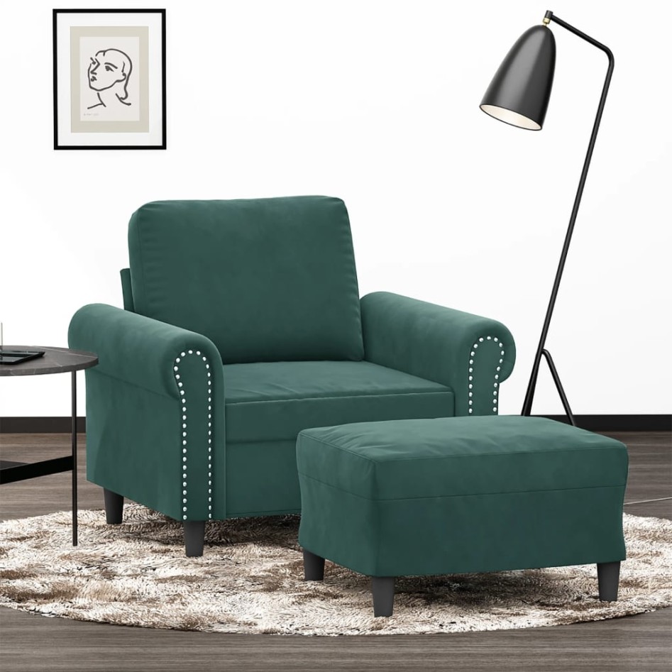 Sillón con taburete terciopelo verde oscuro 60