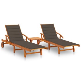 Tumbonas con mesa y cojines 2 uds madera maciza de