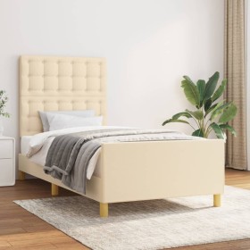 Estructura de cama con cabecero de tela color crema 90x190