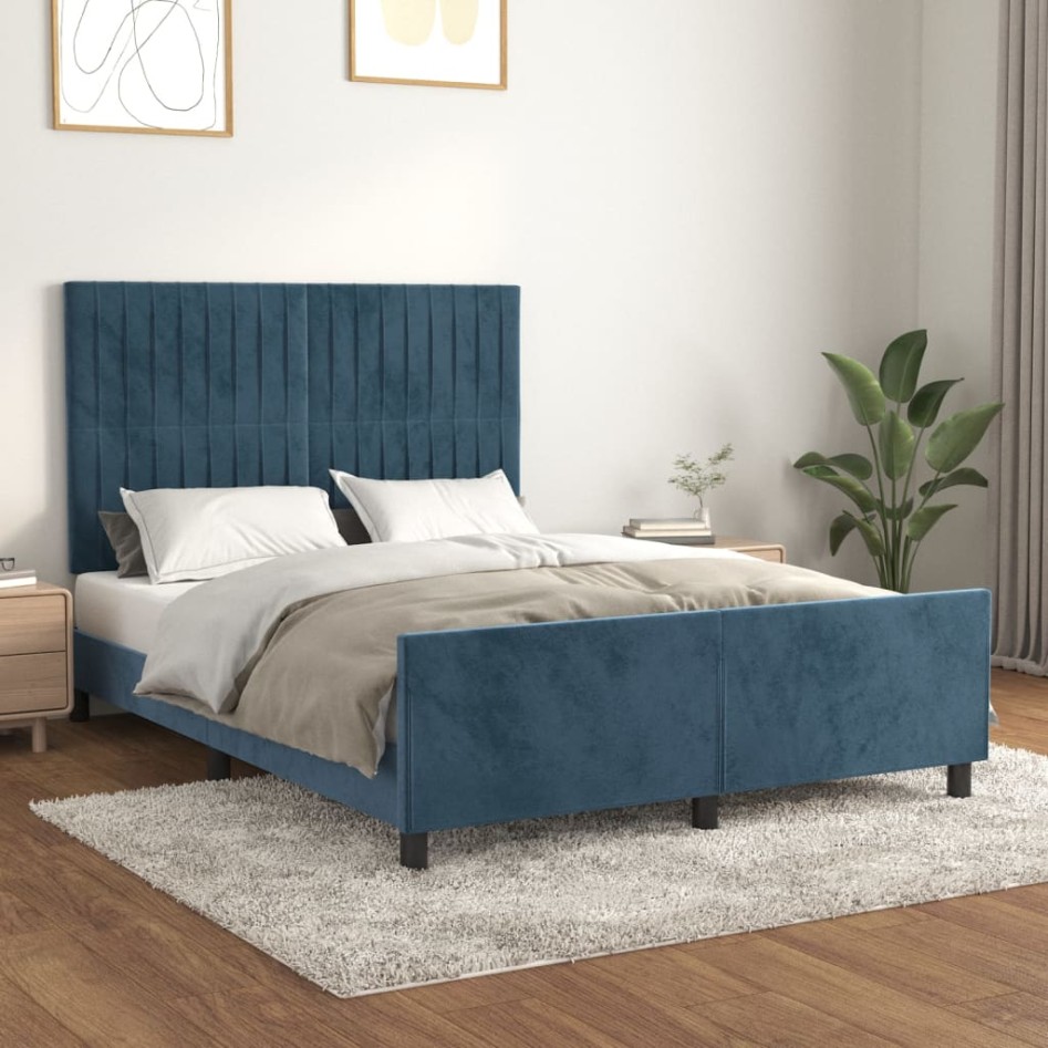 Estructura de cama sin colchón terciopelo azul oscuro