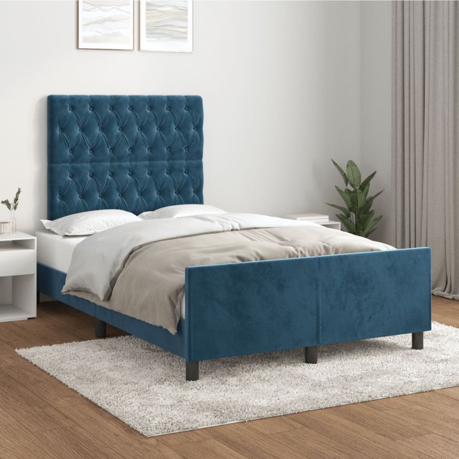 Estructura de cama sin colchón terciopelo azul oscuro
