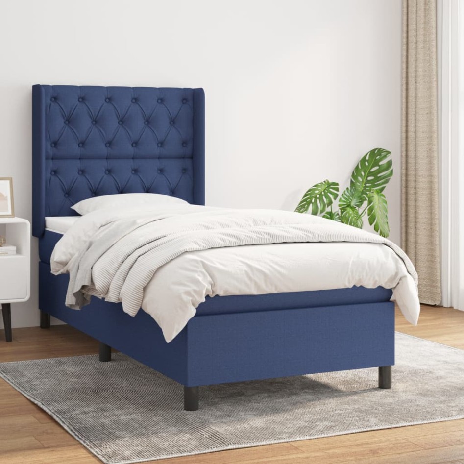 Cama box spring con colchón tela azul 80x200