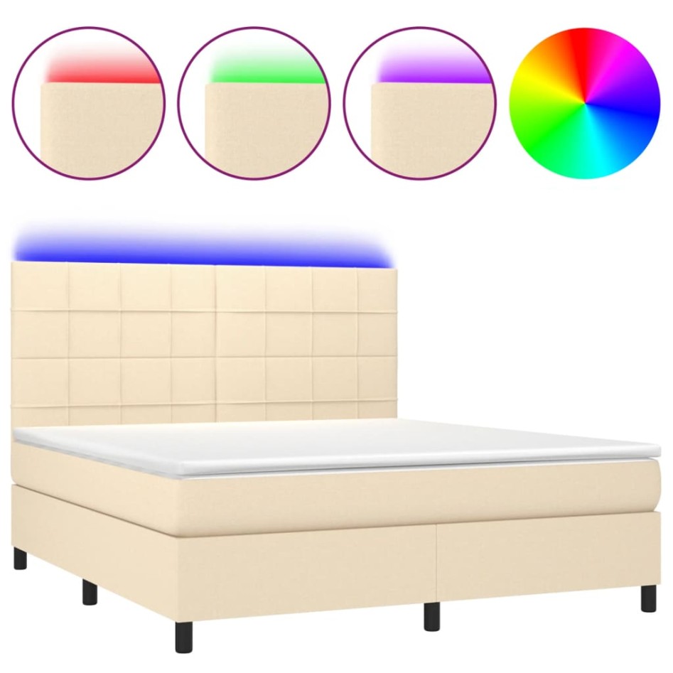 Cama box spring colchón y luces LED tela crema 160x200