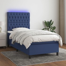 Cama box spring colchón y luces LED tela azul 80x200