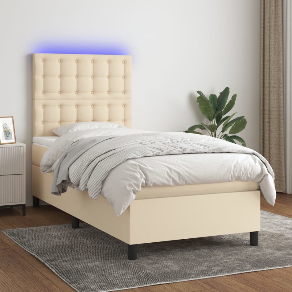 Cama box spring colchón y luces LED tela crema 90x200