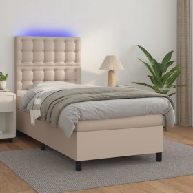 Cama box spring colchón LED cuero sintético capuchino
